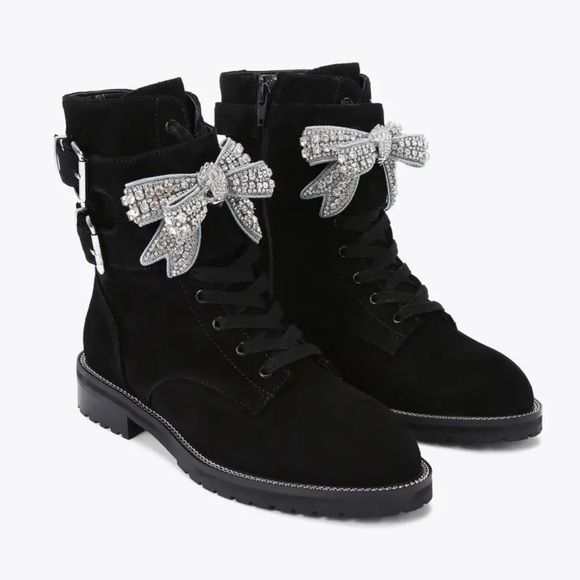 KURT GEIGER Sutton Bow Boot Black Suede Crystal Eagle Bow - Picture 2 of 16